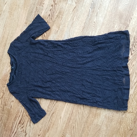 (L) APT.9 Black Crochet Midi Half Sleeve Dress 100% Nylon Shell - Picture 1 of 10